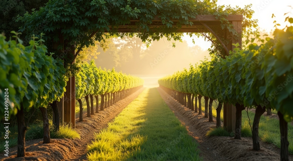 Sunlit vineyard with rows of lush green vines and a trellis path Sunlit vineyard with rows of lush green vines and a trellis path