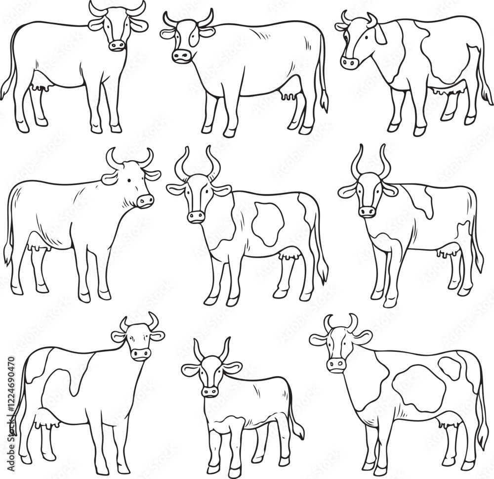 Hand-drawn vector illustration of various cows in different poses and patterns. Perfect for farm designs, agriculture projects, dairy product branding, and educational materials. Hand-drawn vector illustration of various cows in different poses and patterns. Perfect for farm designs, agriculture projects, dairy product branding, and educational materials.