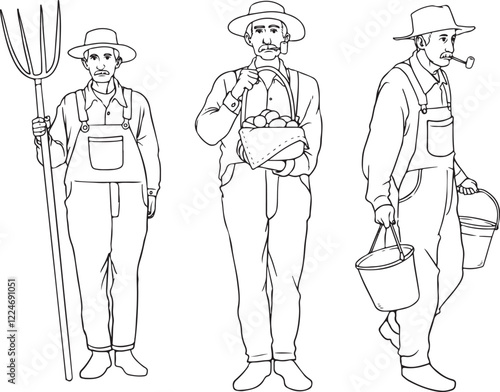 Hand-drawn vector illustration of farmers in different styles. Includes traditional, cartoon, and modern characters with farming tools. Perfect for agriculture, rural life, organic food. 