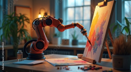 Robotic arm artist creating colorful art in a tranquil modern studio environment