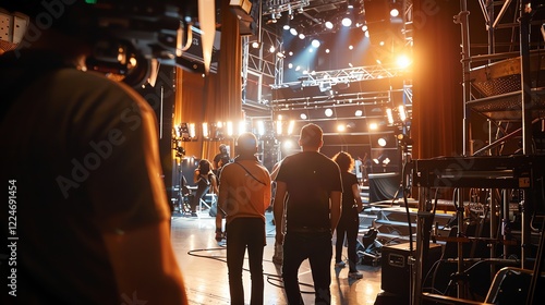 A cameraman films a group of people setting up a stage for a performance.