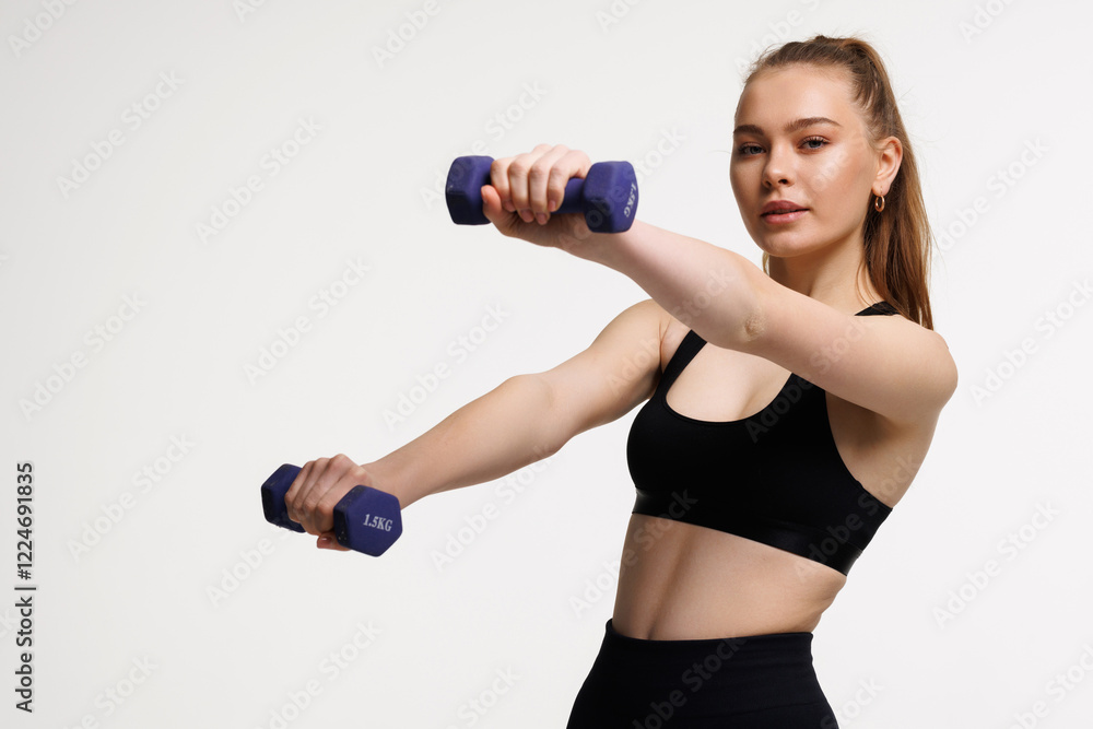 Beautiful young woman doing exercises with dumbbells at biceps isolated on white background. Strength and motivation Beautiful young woman doing exercises with dumbbells at biceps isolated on white background. Strength and motivation