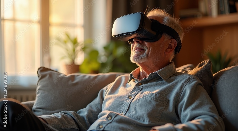 Senior man enjoying virtual travel with VR headset in a warm and inviting living room Senior man enjoying virtual travel with VR headset in a warm and inviting living room