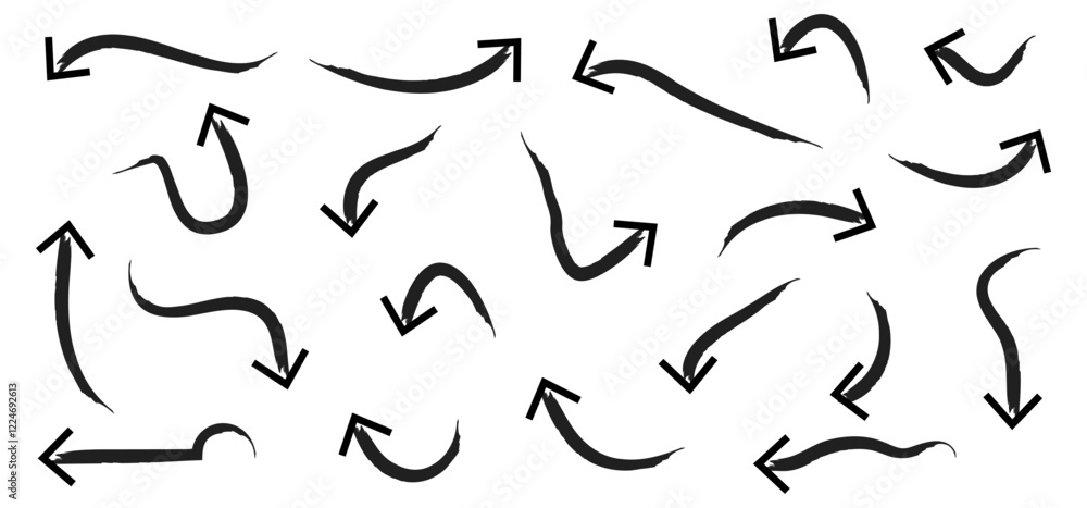 Hand-drawn Doodle arrows icon set or graphics collection. Pointer icons. Pointer graphic symbols. Sketch arrow design for business plan and education. Vector illustration. Hand-drawn Doodle arrows icon set or graphics collection. Pointer icons. Pointer graphic symbols. Sketch arrow design for business plan and education. Vector illustration.