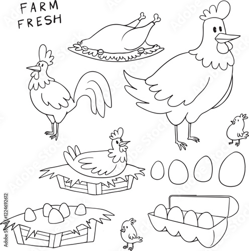 Hand-drawn vector illustration of chickens, roosters, hens, chicks, eggs, and farm elements. Perfect for farm-related designs, organic food branding, coloring books, and educational materials. photo