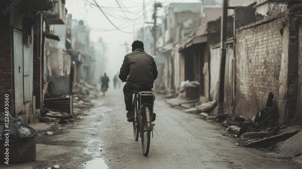 Man cycling down a narrow, foggy alleyway in an urban setting. Man cycling down a narrow, foggy alleyway in an urban setting.