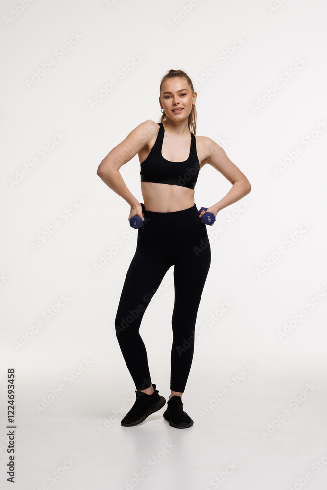 Portrait of a young pretty woman holding weights and doing fitness against a white background Portrait of a young pretty woman holding weights and doing fitness against a white background