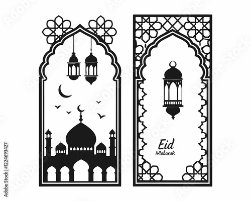 Elegant black and white design depicting an Islamic mosque and lanterns, framed by intricate archways and decorative patterns.