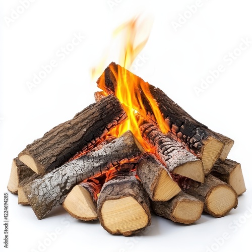 Campfire burning wood logs isolated on white background for website design photo