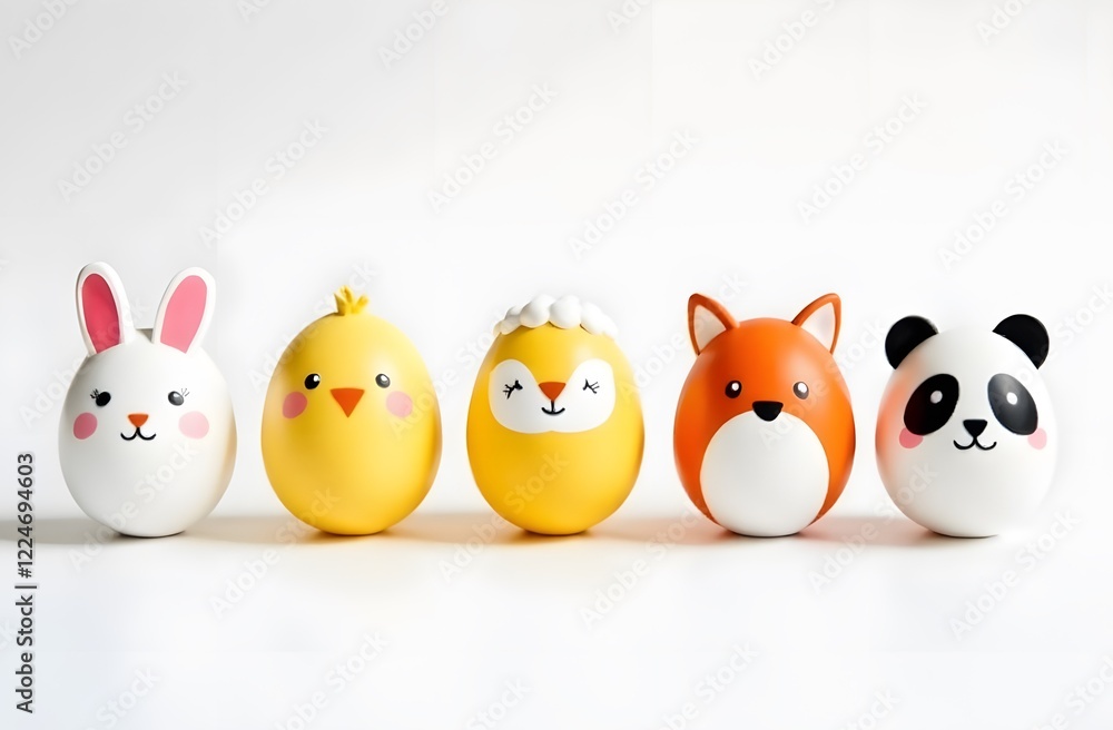 Fototapeta premium A bright minimalist Easter-themed image featuring five eggs painted to resemble cute animals