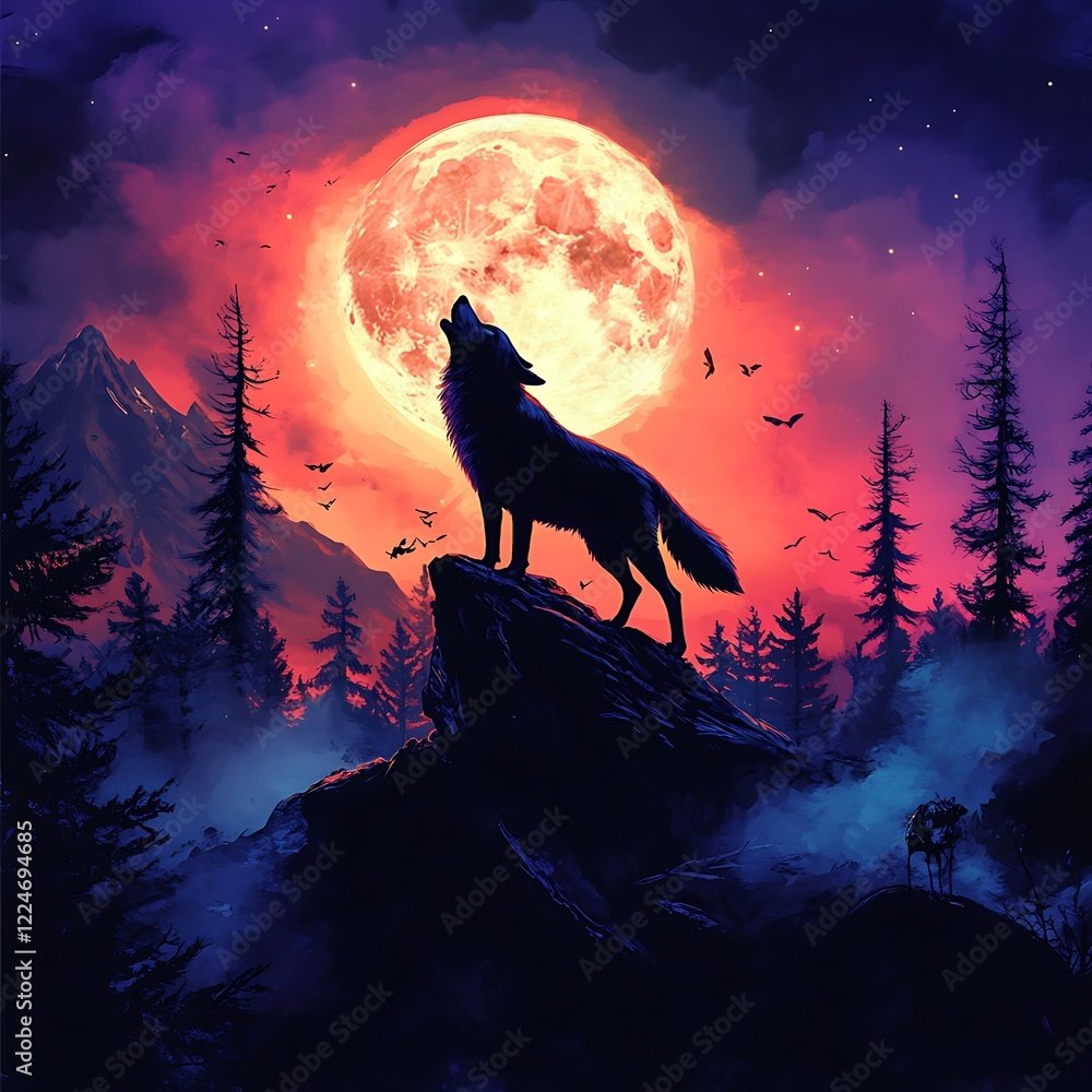 Majestic wolf standing beneath glowing surrounded by serene and quiet forest shadowsmoonlight Majestic wolf standing beneath glowing surrounded by serene and quiet forest shadowsmoonlight