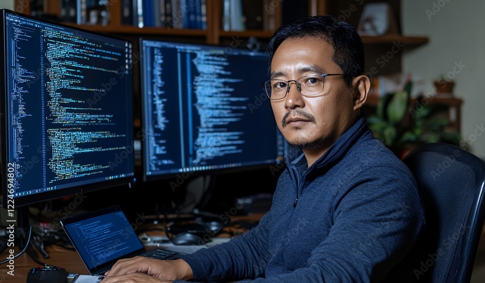 Focused Programmer Working Late at Night on Computer Code Focused Programmer Working Late at Night on Computer Code