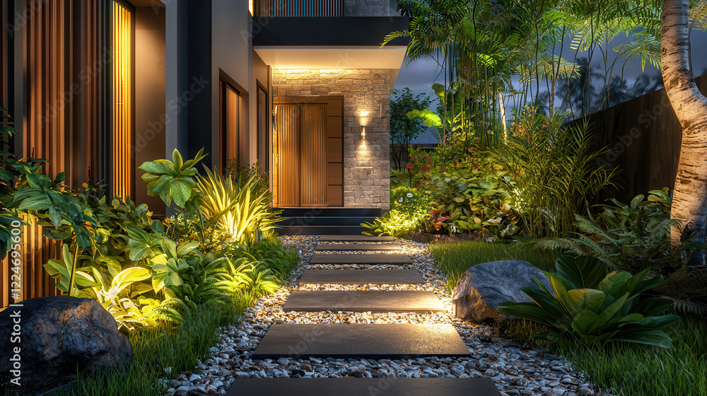 Obraz premium Modern outdoor pathway with lush greenery and ambient lighting