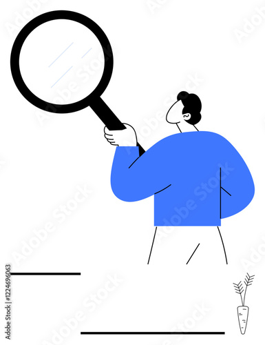 Man holding large magnifying glass, symbolizing analysis, discovery, or research. Ideal for business focus, investigation, problem-solving, learning, curiosity strategic thinking abstract line flat