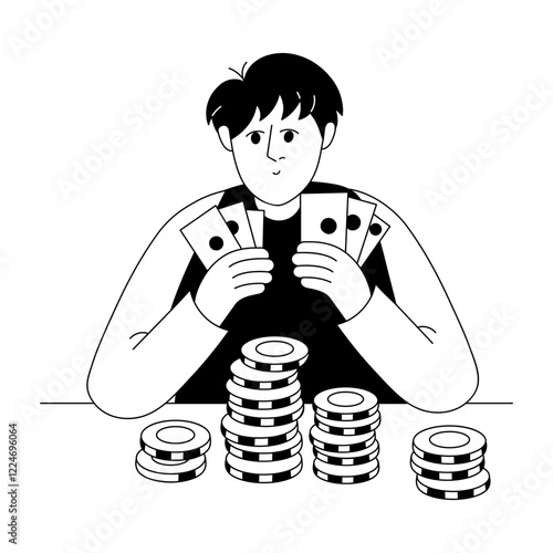 A character having a lot of poker money, drawing style illustration 


