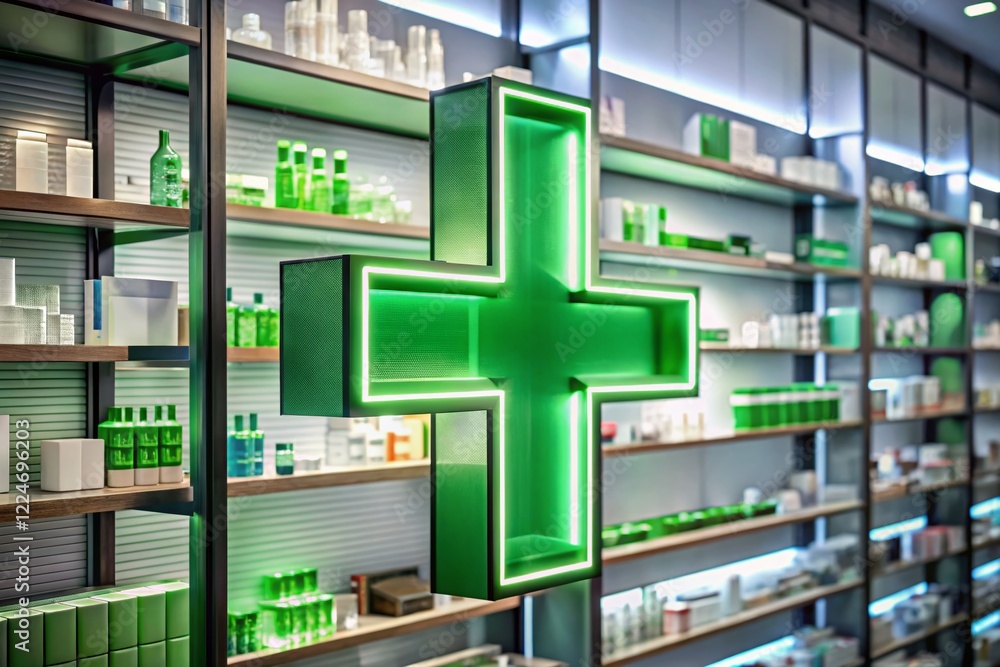Obraz premium Illuminated Green Cross Pharmacy Sign in Drugstore Interior - High-Quality Stock Photo