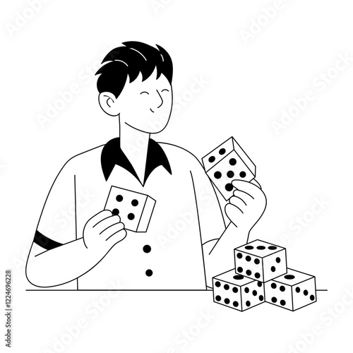 A character tossing casino dice illustration in glyph style 
