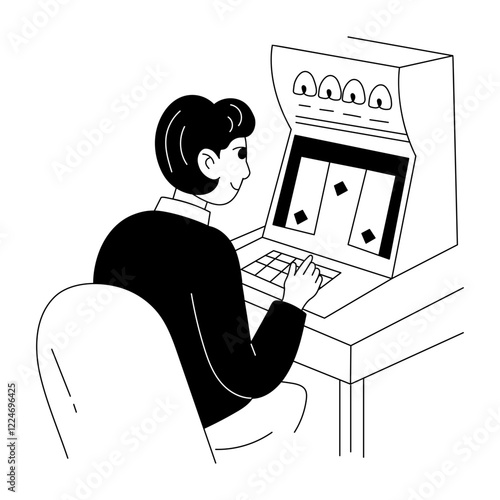 A character playing on casino machine illustration in glyph style 
