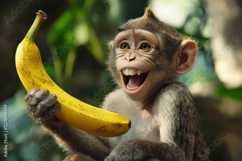 Obraz Monkey holding a banana with a wide grin, enjoying the moment