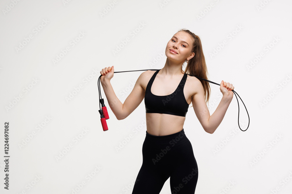 beautiful young woman training with jump rope isolated on white background beautiful young woman training with jump rope isolated on white background