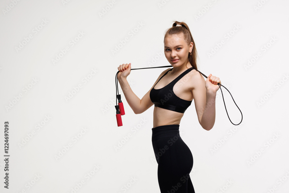 beautiful young woman training with jump rope isolated on white background beautiful young woman training with jump rope isolated on white background
