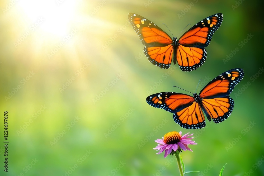 Two monarch butterflies are sipping nectar from a pink cone flower Two monarch butterflies are sipping nectar from a pink cone flower