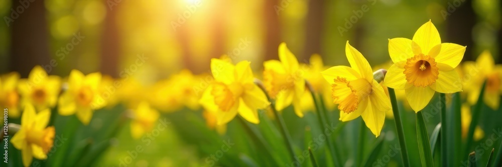 Obraz premium Sunlit field of vibrant yellow daffodils blooming , wild flowers, landscape, yellow flowers