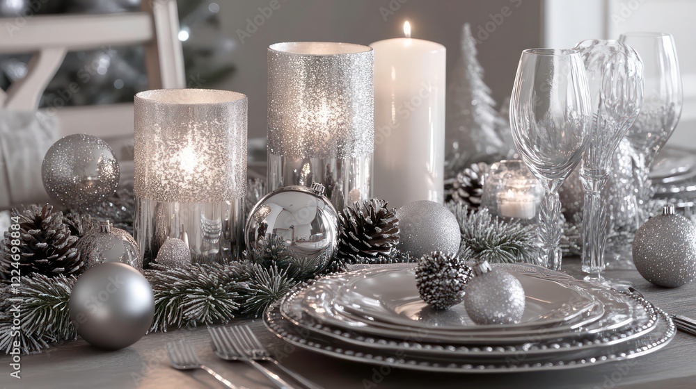 Christmas table setting with silver decorations, candles, pinecones, and ornaments on a festive dining table. Elegant holiday decor for winter celebrations Christmas table setting with silver decorations, candles, pinecones, and ornaments on a festive dining table. Elegant holiday decor for winter celebrations