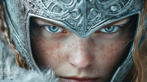 Majestic valkyrie portrait with intense expression and intricate helm design
