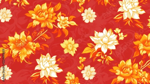 Wallpaper Mural Elegant Floral Pattern Red Background Golden White Flowers Torontodigital.ca