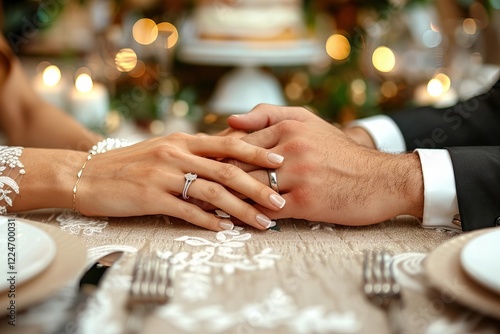 A Detailed Look at Bride and Groom's Hands with Wedding Rings Amongst Elegant Table Decor and Cake