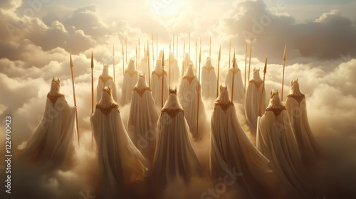 Mystical valkyries descending from the clouds in a majestic skyward scene photo