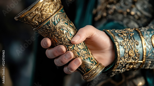 Mythic valkyrie hand holding ornate golden chalice in detailed armor photo