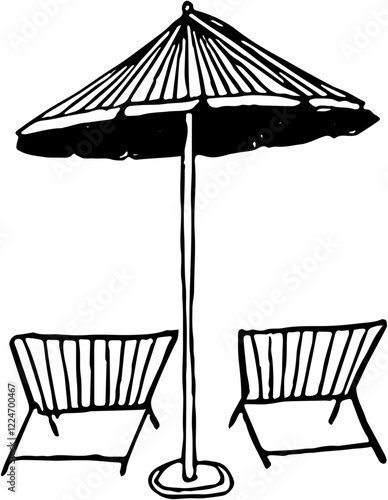 Sea, beach summer time travel. Vacation. Hand drawn vector isolated. parasol and chaise longue on a beach 