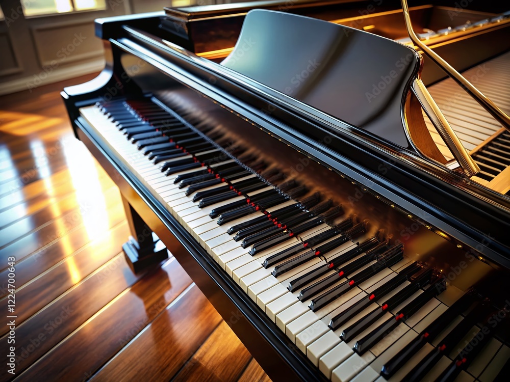 Isometric Black Grand Piano Macro Detail: Polished Ebony Keys & Rich Wood Grain Isometric Black Grand Piano Macro Detail: Polished Ebony Keys & Rich Wood Grain