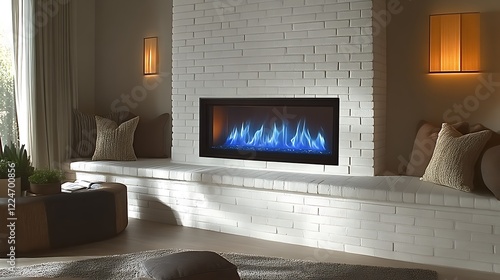 Modern Electric Fireplace with White Brick Surround