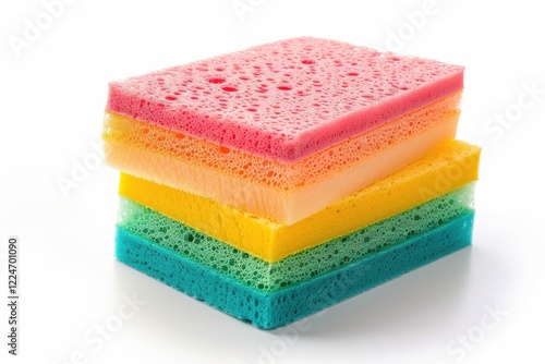Colorful kitchen sponges stacked neatly, displaying vibrant hues and textures, ready for cleaning chores in a bright and lively space isolated on transparent background