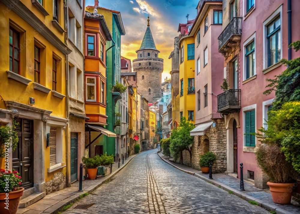 Istanbul Galata Tower Narrow Street - Charming Ottoman Architecture Stock Photo Istanbul Galata Tower Narrow Street - Charming Ottoman Architecture Stock Photo