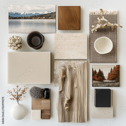 create a real estate, design and build infused moodboard or flatlay that embodies the Fall season, daylight, light and airy, view of Lake Washington and mountains, modern and luxury,