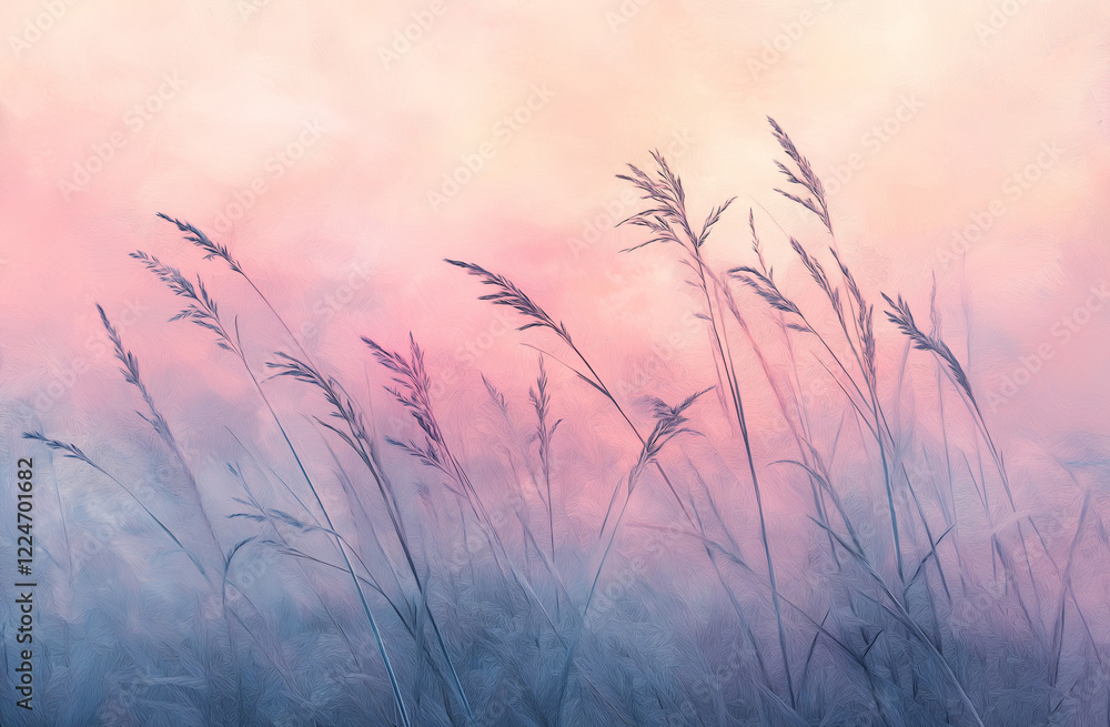 Obraz premium A dreamy, blurred background of tall grass and sky at sunrise, with soft sunlight filtering through the leaves, creating an ethereal atmosphere.