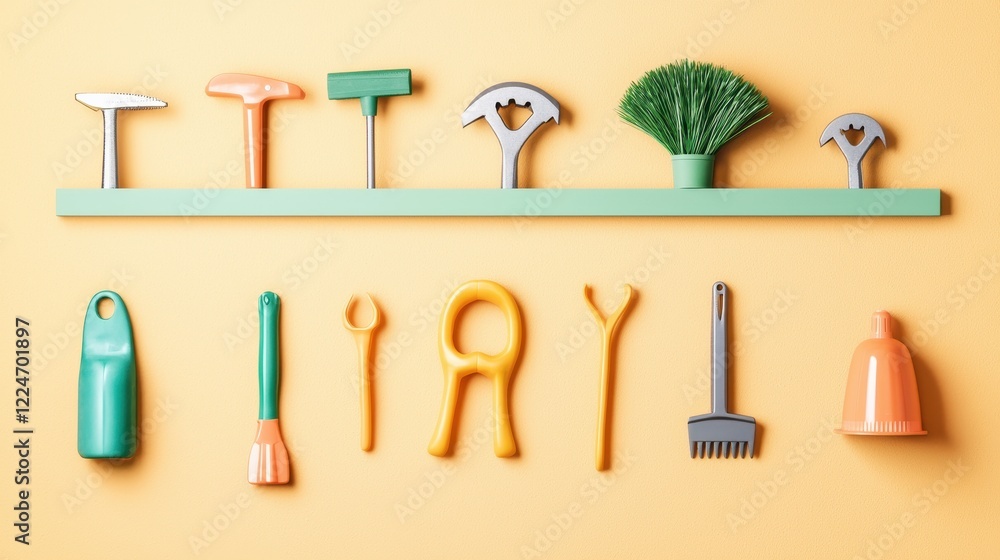 Obraz premium Colorful Collection of Gardening Tools on Yellow Background