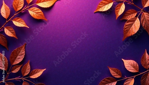 Abstract violet background, patterned with metallic orange leaves , decor, purple background