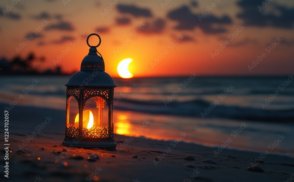 Beautiful Lantern on Beach at Sunset with Vibrant Sky Colors Beautiful Lantern on Beach at Sunset with Vibrant Sky Colors