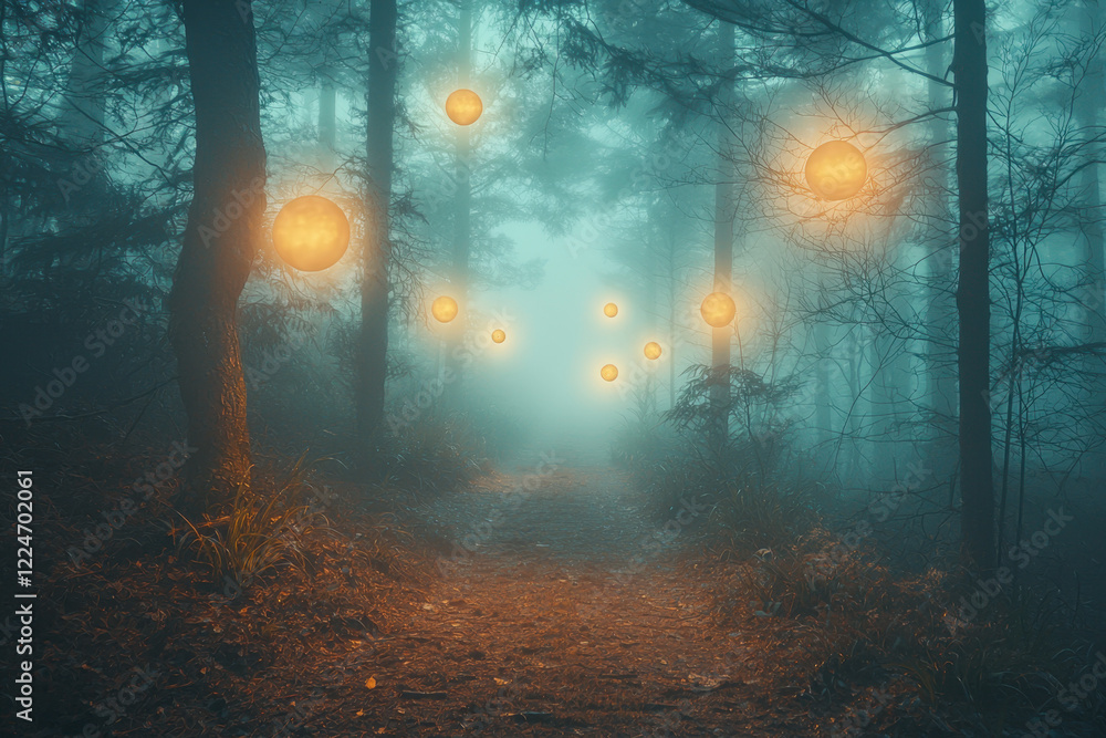 Obraz premium A dark enchanted forest where glowing orbs float among the trees, casting soft ambient light.