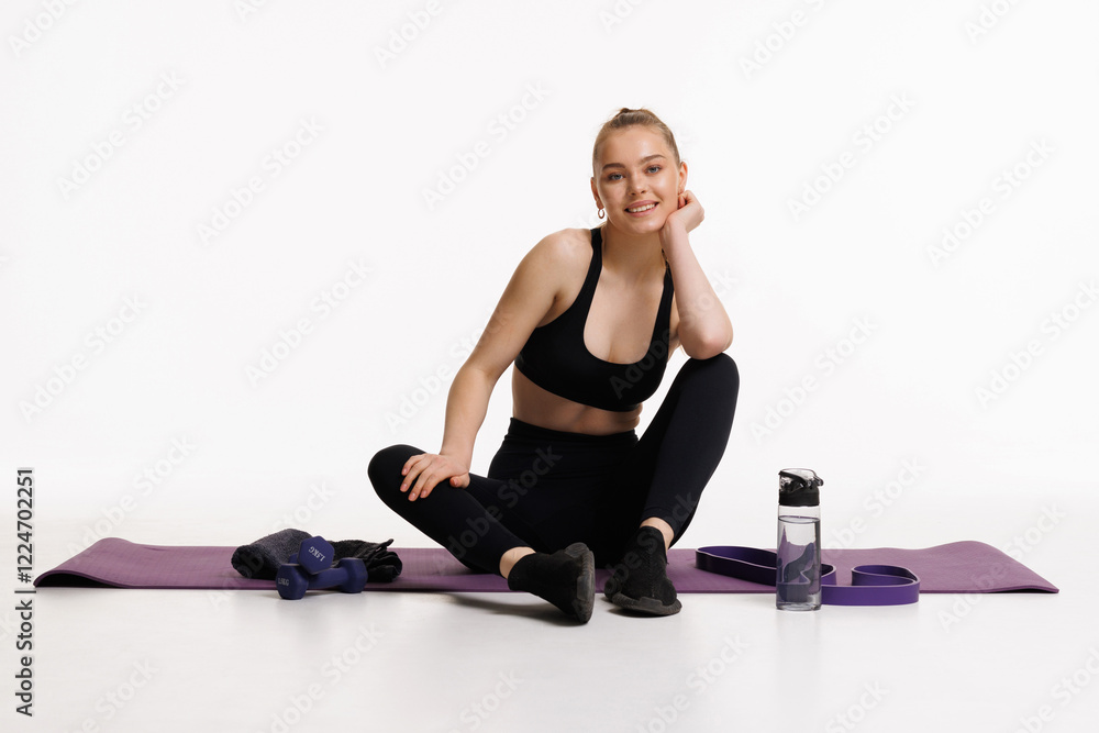 Fototapeta premium Athlete drinks water from a sports bottle while sitting on a yoga mat on a white background.