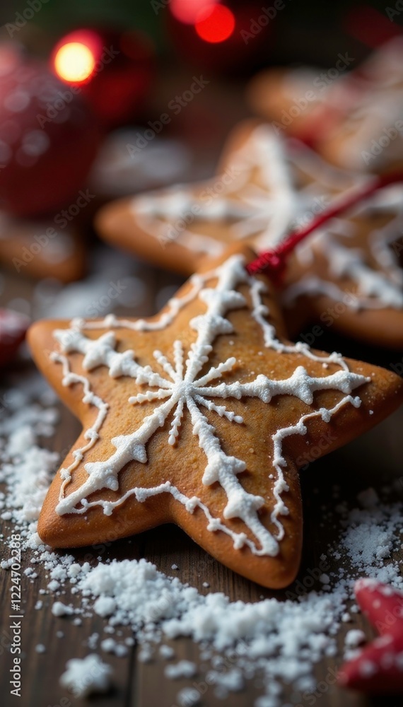 Sparkling sugar crystals on a star-shaped gingerbread ornament, baking, stars Sparkling sugar crystals on a star-shaped gingerbread ornament, baking, stars