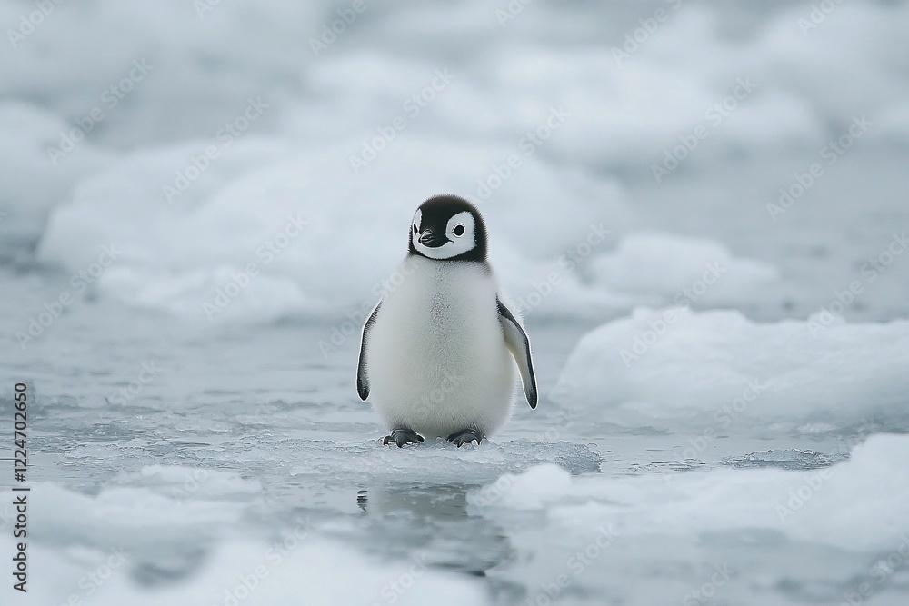 Obraz premium A solitary penguin chick stands on icy terrain amidst a frozen landscape, showcasing resilience in nature