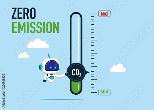 Robot holding and  turning gauge arrow pointer to lowest level of CO2. New energy to energy and transportation. Zero emission. Vector