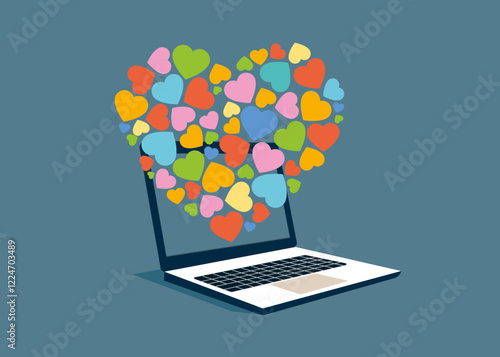 Open laptop with explosion of love. Love affair. Modern flat vector illustration