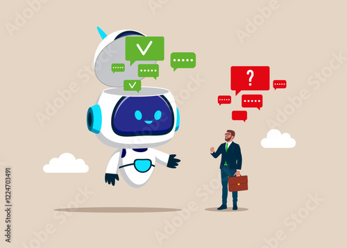 AI assistant support. Chat bot, survey. Online discussion, conversation, meeting, team communication, colleague chatting, opinion. Chatting with robot, asking questions and receiving answers. Vector